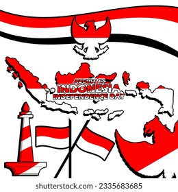 Map of Indonesia with national emblem of Garuda Indonesia, National Monument, flag, ribbon and bold text on white background to commemorate Indonesia Independence Day on August 17