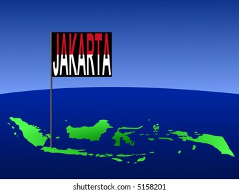 map of Indonesia with position of Jakarta marked by flag pole illustration