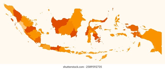 Map of Indonesia with regions. Just a simple country border map with region division. Orange color palette. Flat Indonesia shape with administrative division. Vector illustration.