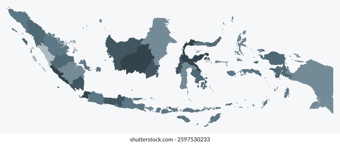 Map of Indonesia with regions. Just a simple country border map with region division. Blue grey color palette. Blank Indonesia shape with administrative division. Vector illustration.
