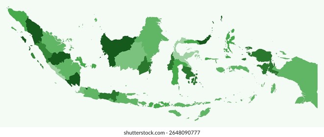 Map of Indonesia with regions. Just a simple country border map with region division. Green color palette. Flat Indonesia shape with administrative division. Vector illustration.
