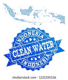 Map of Indonesia vector mosaic and clean water grunge stamp. Map of Indonesia formed with blue water drops. Seal with corroded rubber texture for clean drinking water.