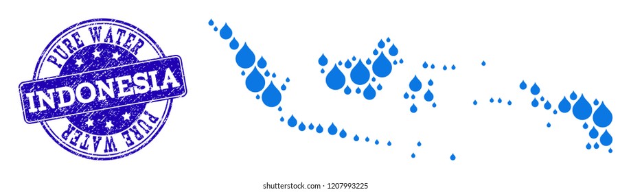 Map of Indonesia vector mosaic and Pure Water grunge stamp. Map of Indonesia composed with blue liquid dews. Seal with corroded rubber texture for pure drinking water.