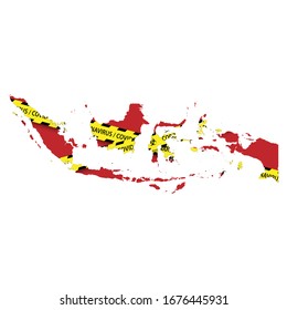 Map of Indonesia with warning quarantine yellow tape. Danger coronavirus Banner