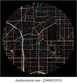 Map of Inglewood, California with all major and minor roads, railways and waterways. Colorful line art on black background.
