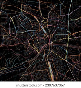 Karte von Ingolstadt, Bayern mit allen wichtigen und kleineren Straßen, Eisenbahnen und Wasserstraßen. Farbige Linienkunst auf schwarzem Hintergrund.