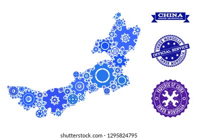 Map of Inner Mongolia designed with blue cog items, and isolated scratched stamps for official repair services. Vector abstract collage of map of Inner Mongolia with technical symbols in blue hues.