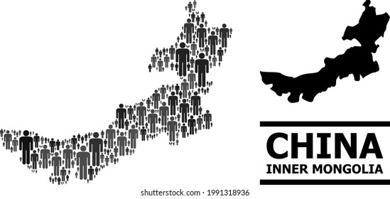 Map of Inner Mongolia for social agitation. Vector nation abstraction. Concept map of Inner Mongolia organized of social elements. Demographic concept in dark gray color shades.