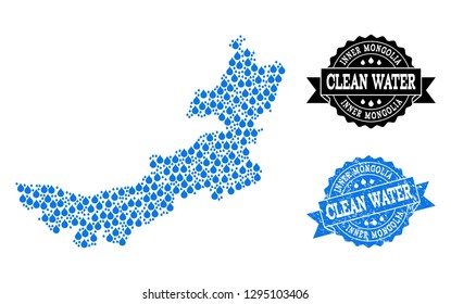Map of Inner Mongolia vector mosaic and clean water grunge stamp. Map of Inner Mongolia designed with blue water tears. Seal with scratched rubber texture for clean drinking water.
