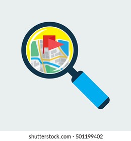 Map inside magnifier flat icon. Magnifying glass with handle zooming fragment of a navigational map focused on flag symbol. Colored vector eps8 illustration.
