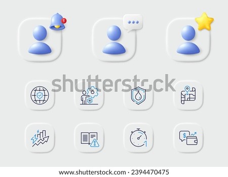 Map, Instruction manual and Job line icons. Placeholder with 3d star, reminder bell, chat. Pack of Global insurance, Timer, Wallet icon. Waterproof, Consumption growth pictogram. Vector