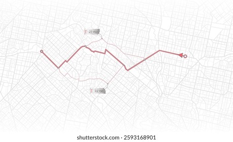 Map with intended goal and several paths to destiny. Concept of shortest path to the goal. Abstract navigation plan on city map. Vector illustration