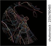 Map of Ioannina, Epirus with all major and minor roads, railways and waterways. Colorful line art on black background.