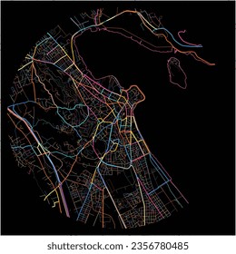 Map of Ioannina, Epirus with all major and minor roads, railways and waterways. Colorful line art on black background.