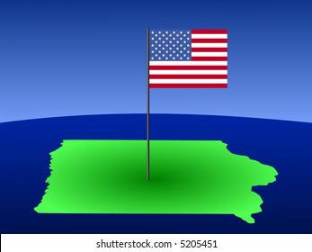 map of Iowa with American Flag on pole