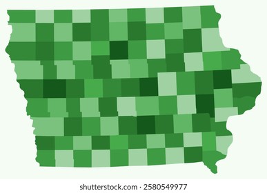 Map of Iowa with counties. Just a simple state border map with county division. Green color palette. Plain State of Iowa shape with administrative division. Vector illustration.