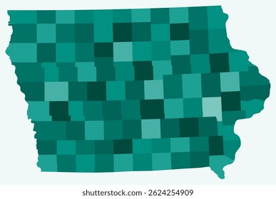 Mapa de Iowa com condados. Apenas um simples mapa da fronteira do estado com a divisão do condado. Paleta de cores azul-petróleo. Estado em branco de Iowa com divisão administrativa. Ilustração vetorial.