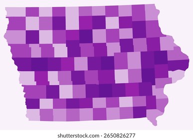 Map of Iowa with counties. Just a simple state border map with county division. Purple color palette. Flat State of Iowa shape with administrative division. Vector illustration.