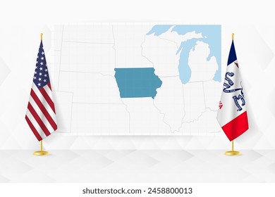 Map of Iowa and flags of Iowa on flag stand. Vector illustration for diplomacy meeting.