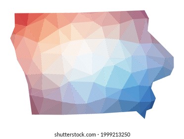 Map of Iowa. Low poly illustration of the US state. Geometric design with stripes. Technology, internet, network concept. Vector illustration.