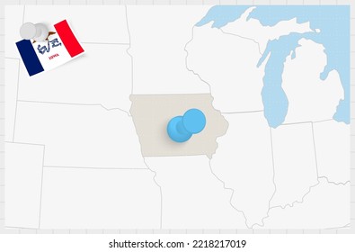 Map of Iowa with a pinned blue pin. Pinned flag of Iowa, vector illustration.