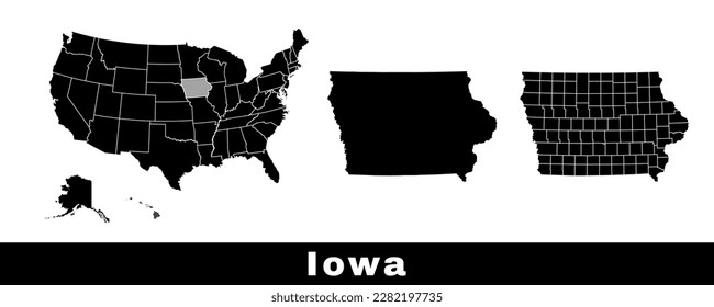 Map of Iowa state, USA. Set of Iowa maps with outline border, counties and US states map. Black and white color vector illustration.