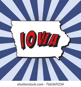 map of iowa u.s. state in pop art style with dotted shadows and radial lines in shape of rays