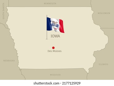 Map of Iowa USA federal state with realistic waving flag. Highly detailed editable map of Iowa Midwestern state with territory borders and Des Moines capital city realistic vector illustration