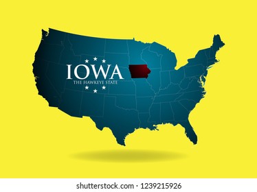Map of IOWA, USA with nickname The Hawkeye State, Vector EPS 10.