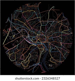 Map of Ipswich, East of England with all major and minor roads, railways and waterways. Colorful line art on black background.