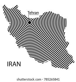 Map of Iran. Abstract black and white striped map of the country with the design of the capital. Isolated on white background.
