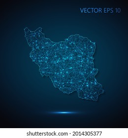 Mapa de Irán, ilustración abstracta de la comunicación social global, mapa poligonal con puntos de conexión y líneas. Ilustración vectorial eps 10.