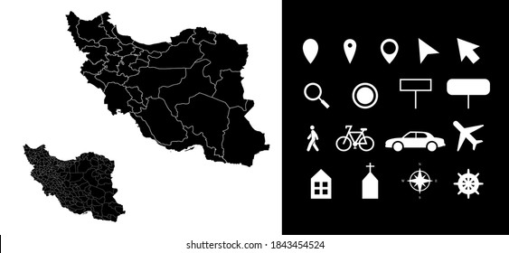 Map of Iran administrative regions departments with icons. Map location pin, arrow, looking glass, signboard, man, bicycle, car, airplane, house. Royalty free outline Iranian vector map.