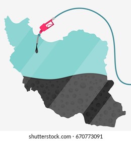 Map of Iran being fueled by oil. Gas pump fueled map. On the map there is glass reflection. Conceptual. Oil producing or importing countries.