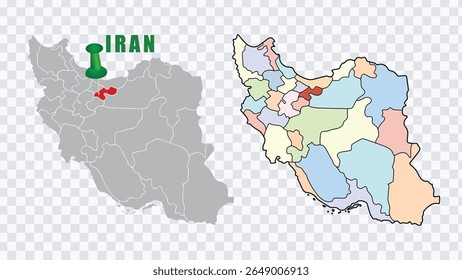 Map of Iran with colorful provinces and location pin on capital. Vector illustration.