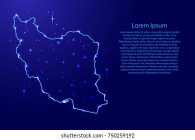 Map Iran from the contours network blue, luminous space stars for banner, poster, greeting card, of vector illustration