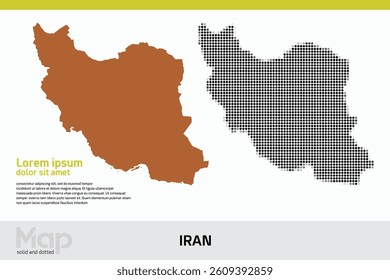 Map of Iran in dual designs, featuring brown solid details and black abstract dotted patterns, isolated on a white background