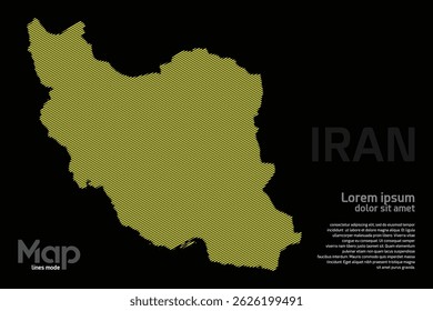 Mapa do Irã com linhas geográficas amarelas, isoladas sobre um fundo preto. Perfeito para vários projetos de design