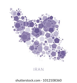 map of iran filled with abstract mosaic of pentagons of random sizes and degrees of transparency on white background