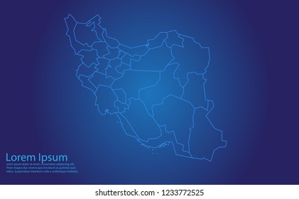 Map of iran - With glowing point and lines scales on the dark gradient background.french Polynesia map with country borders, thin Blue outline on Dark background.