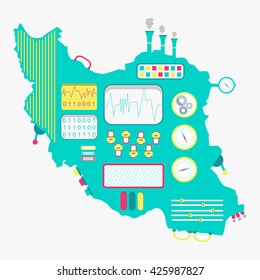 Map of Iran machine. Cute apparatus with buttons, panels and levers. Isolated. White background.