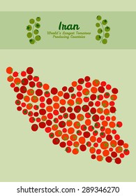 Map of Iran made out of red tomatoes. Red tomato background. Tomato flyer or leaflet. Iran map poster or card. Series: World'??s Largest Tomatoes Producing Countries. Tomato banner or invitation.