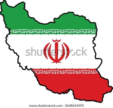 Map of Iran with National Flag Fill. Vector map of Iran filled with the design of its national flag, including the emblem and Kufic script. Perfect for displaying Iranian patriotism, geography
