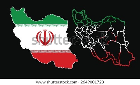 Map of Iran with national flag fill and colored province borders. Vector illustration.