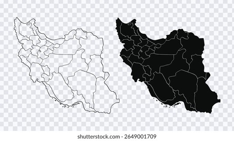 Map of Iran, outline and black fill style, with provinces. Vector illustration.