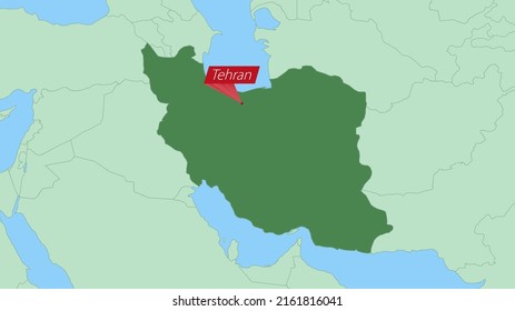 Karte des Iran mit einer Nadel von Landeshauptstadt. Iran Karte mit Nachbarländern in grüner Farbe.