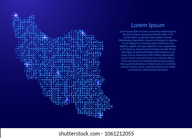 Map Iran from printed board, chip and radio component with blue star space on the contour for banner, poster, greeting card, of vector illustration.
