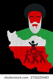 A map of Iran, resembling a capacity with drowning citizen activists in a red liquid, behind which stands a man in a turban, with a gray beard, in green clothes with a blood stain on his lips.