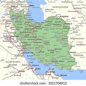 Map of Iran. Shows country borders, urban areas, place names and roads. Labels in English where possible.
Projection: Mercator.