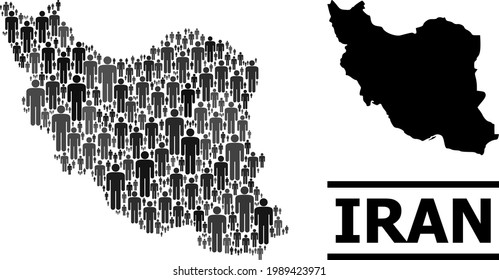 Map of Iran for social applications. Vector nation mosaic. Concept map of Iran composed of crowd pictograms. Demographic concept in dark grey color tinges.